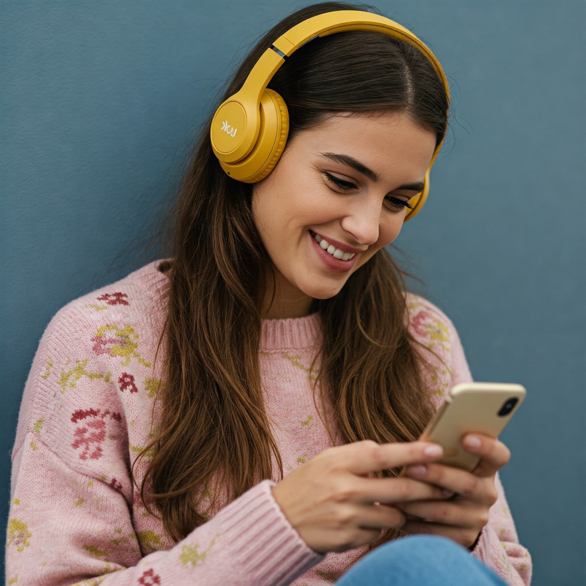 A girl wearing headphones and smiling while looking at her phone